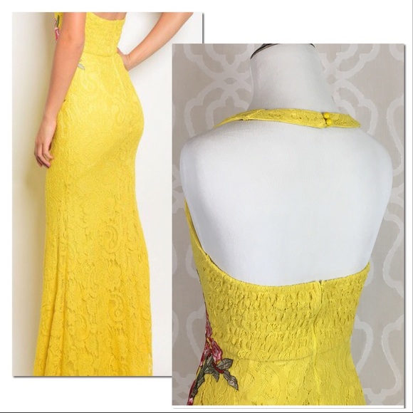 Red Roses on Daffodil Yellow Lace Formal Gown - Picture 7 of 8